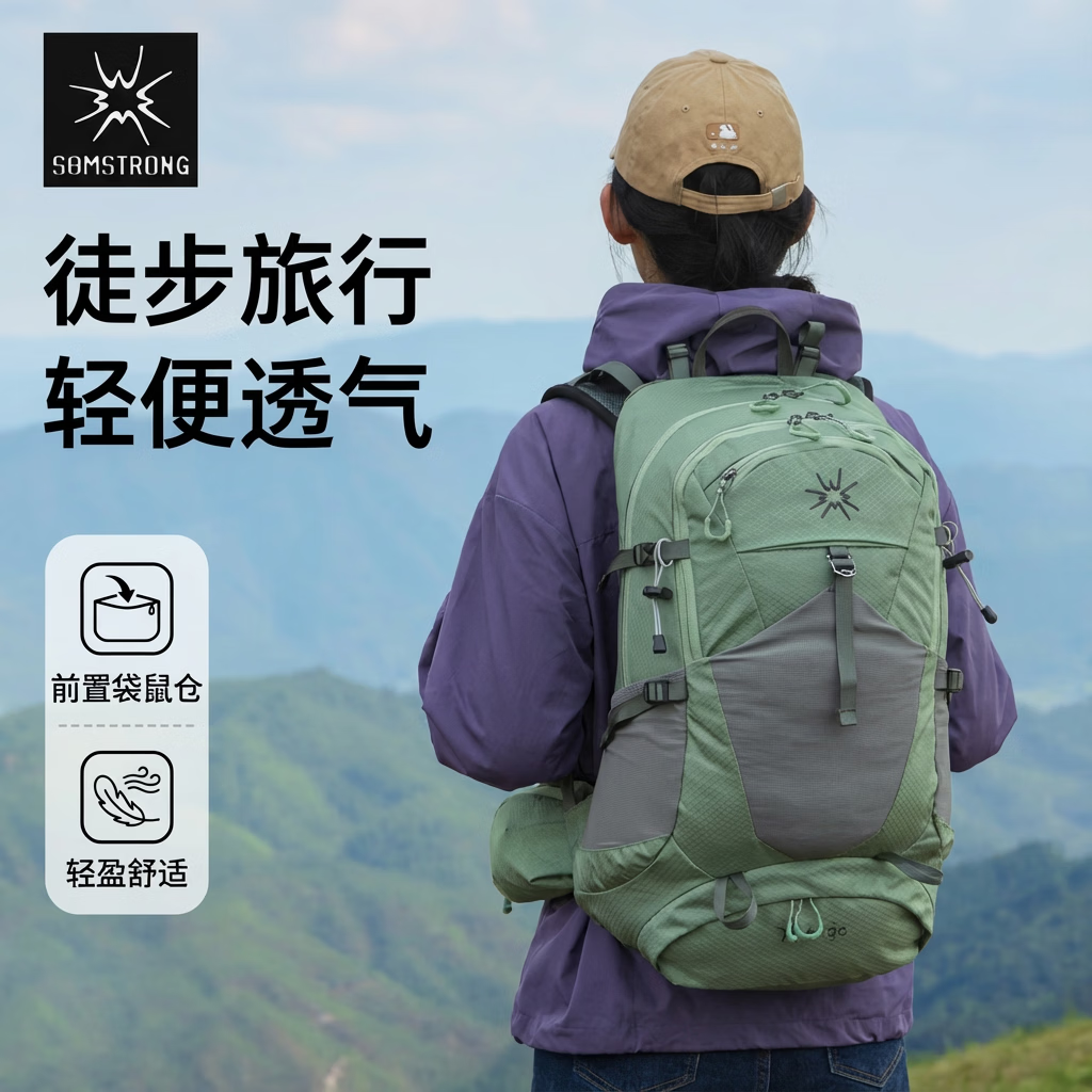 杉木山装户外登山包女龙卷风背包男轻便双肩30L徒步旅行悬浮背负 青苔绿