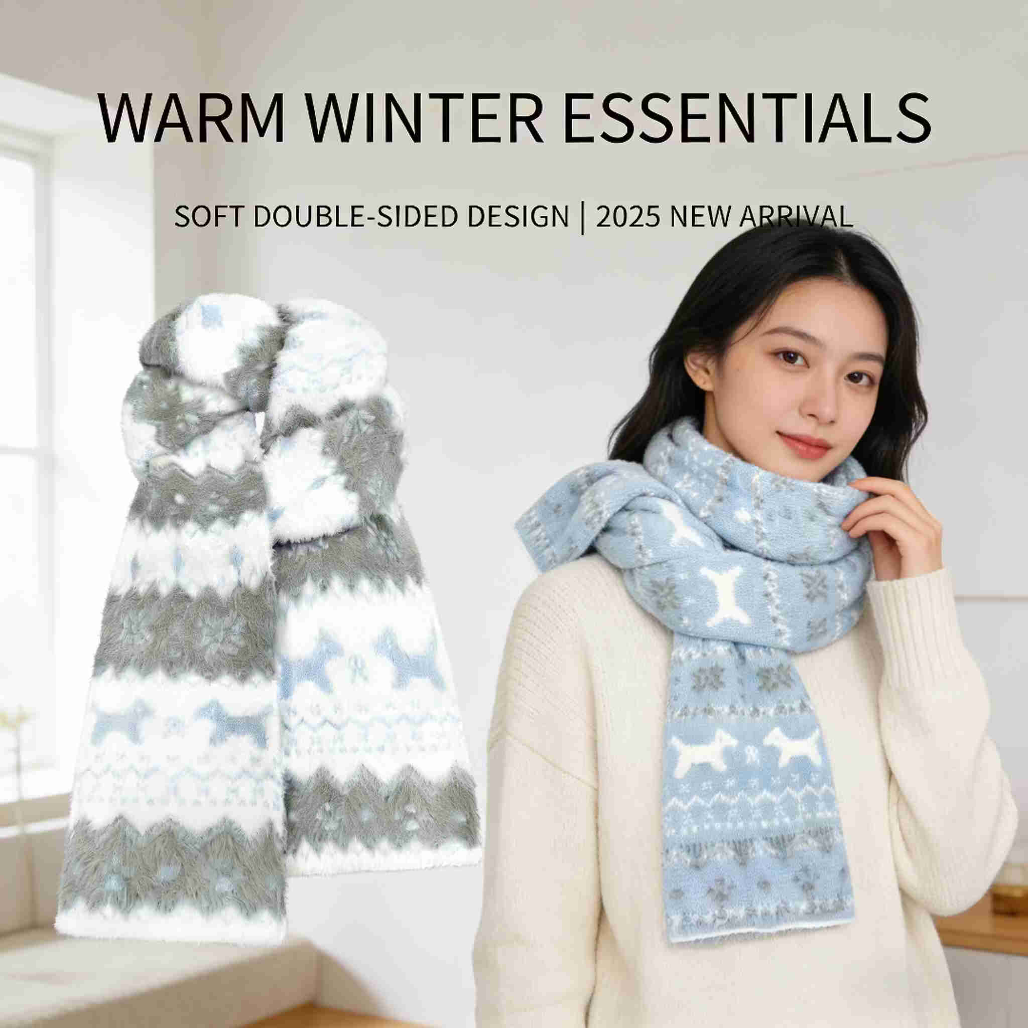 朋意围巾双面可爱猫咪针织围巾女秋冬加厚保暖防寒防风学生护颈围脖 粉色小狗