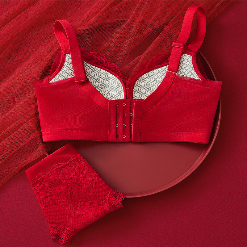 千奈美蕾丝上薄下厚聚拢文胸套装喜庆本命年结婚内衣内裤 大红色套装 80B 配内裤
