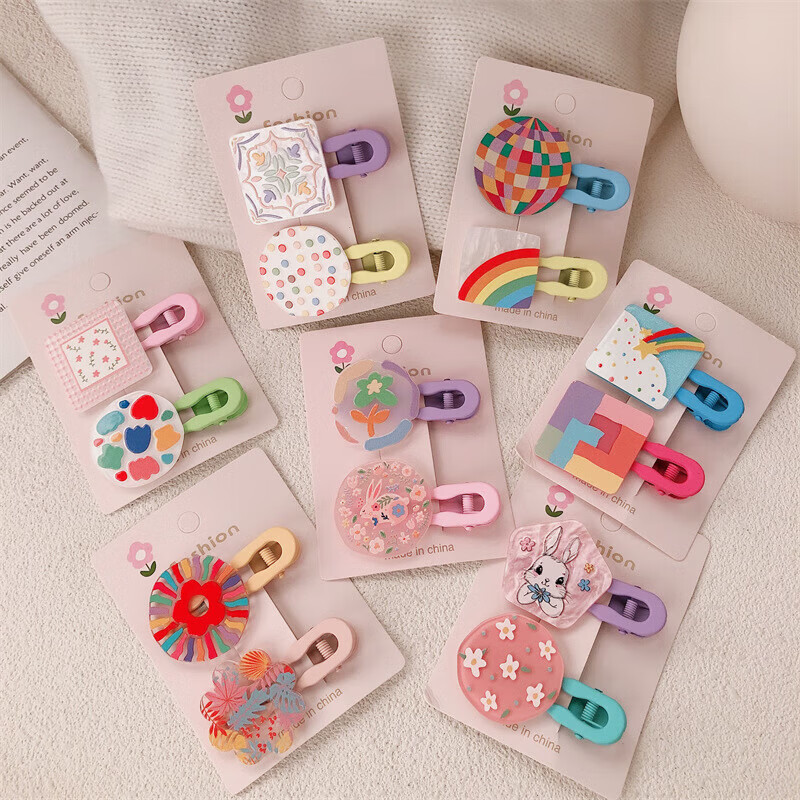 【甄选厂家】韩系儿童奶油糖果色印碎花格纹大号鸭嘴夹女童亲子喷 1 花朵兔子一对