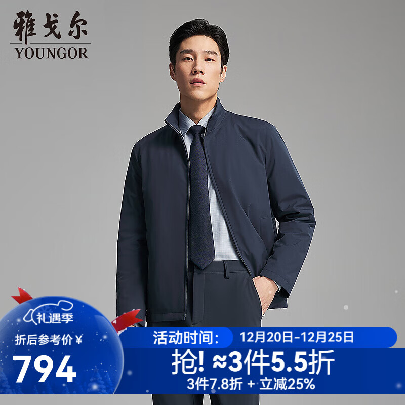 雅戈尔（YOUNGOR）羽绒服男士立领商务款品质面料鹅绒充绒羽绒服温暖舒适2025新品 灰蓝VSYW419869HLA 2XL 185/104A （推荐170-180斤）