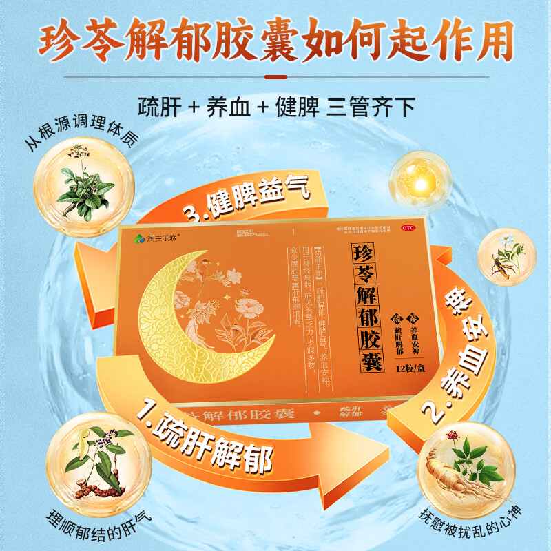 [润生乐寐]珍苓解郁胶囊 0.5g*12粒 2盒装 疏肝解郁胶囊功效安神改善失眠助睡眠胶囊多梦安神药成年人中老年珍岑正品迈迪 疏肝解郁，改善睡眠