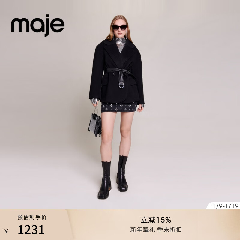 Maje秋冬女装羊毛混纺黑色西装领系带收腰短款毛呢大衣 黑色 T34