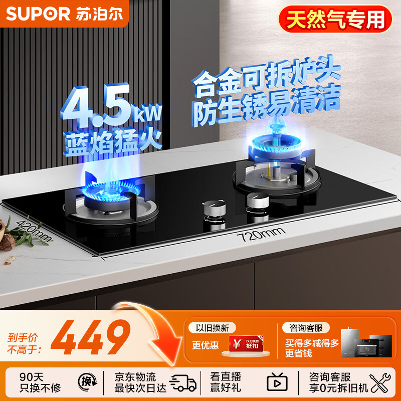 苏泊尔（SUPOR）燃气灶煤气灶具双灶4.5KW大火力一级能效嵌入式黑晶面板可拆合金炉头 天然气DB07S