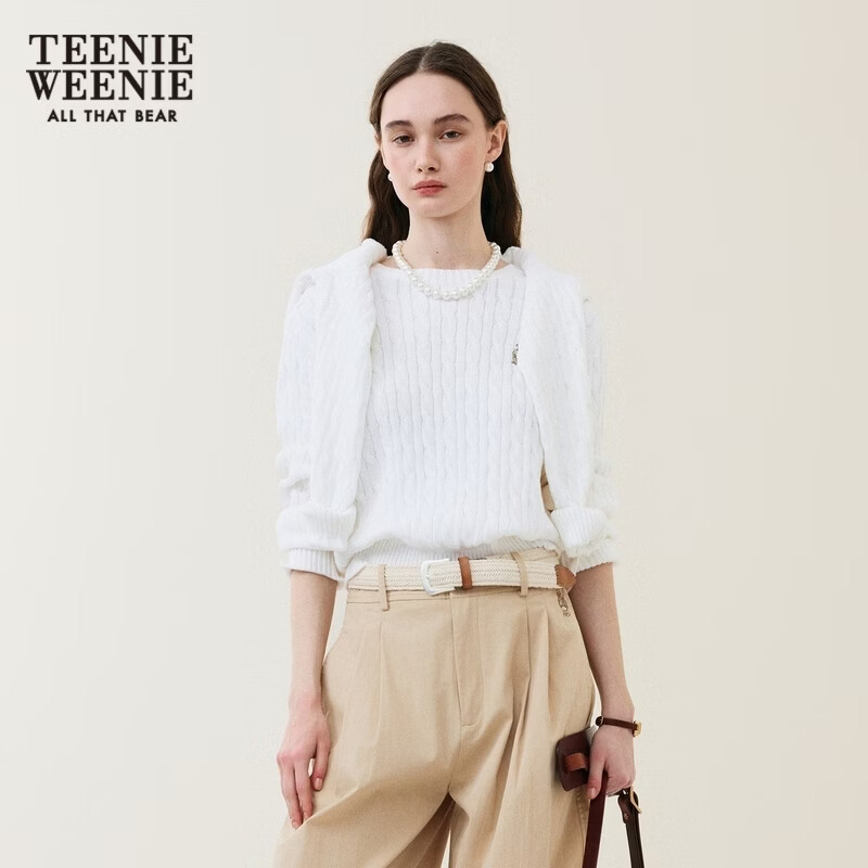 Teenie Weenie【赵露思同款】小熊女装26年春季新款时髦复古绞花圆领毛针织开衫 B-象牙白 XS