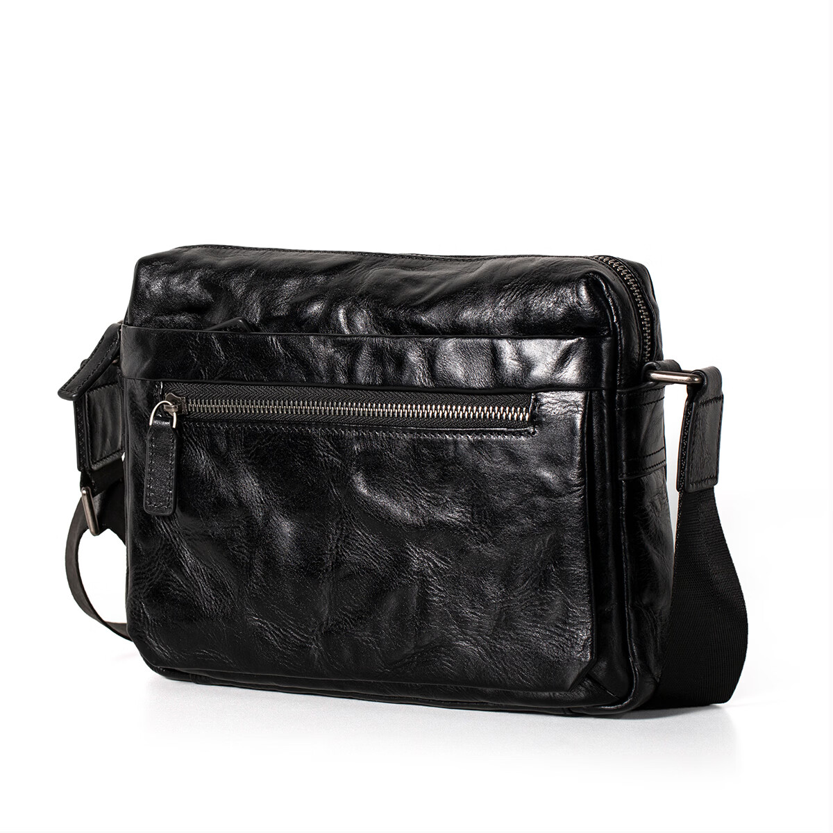 巴利迪亚男士真皮单肩包新款植鞣头层牛皮斜挎包横款高端时尚大容量男包 咖啡色