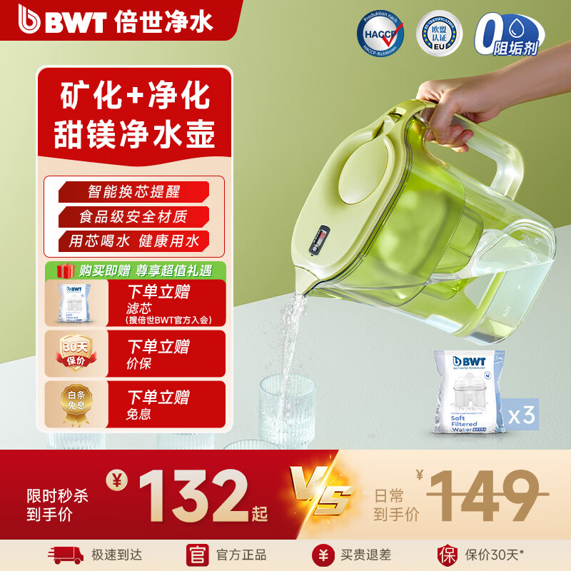 倍世（BWT） 德国甜镁净水壶滤水净水器家用 欧洲进口滤芯去水垢增强55% 益家系列大容量过滤器 年会年货送礼 【去水垢滤芯】1壶3芯 绿色