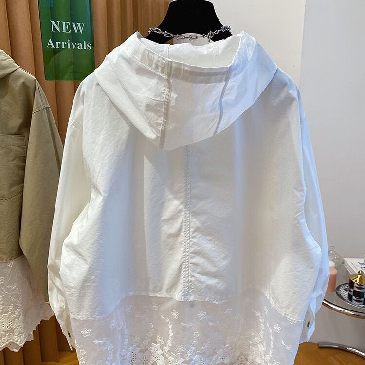 LOOK LOOK蕾丝拼接连帽衬衫女 2025秋季宽松长袖 简约上衣外套 5XL (120)