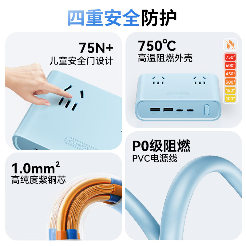 牛顿定律桌面美学插排小能岛 排插插线板插板拖线板接线板 USB插座一转多充电站 25W氮化镓总控开关 1.8米 【25W氮化镓快充*绮梦紫】1.8米