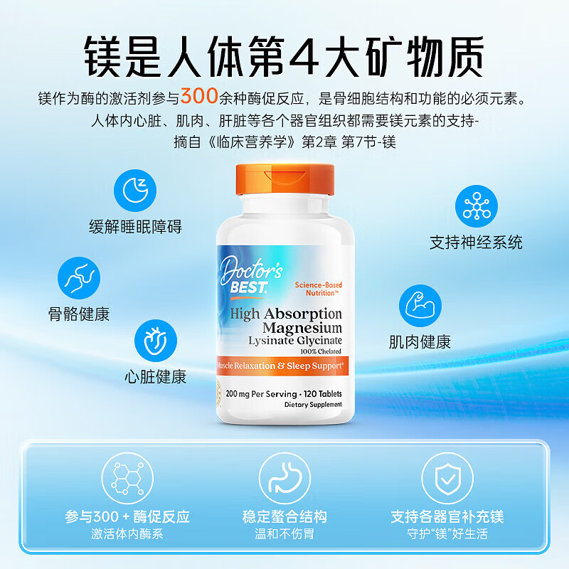 Doctor's best多特倍斯甘氨酸镁片120粒中老年成人改善睡眠腿部抽筋进口补充剂 甘氨酸镁 120粒*1瓶 螯合镁睡眠好 120片