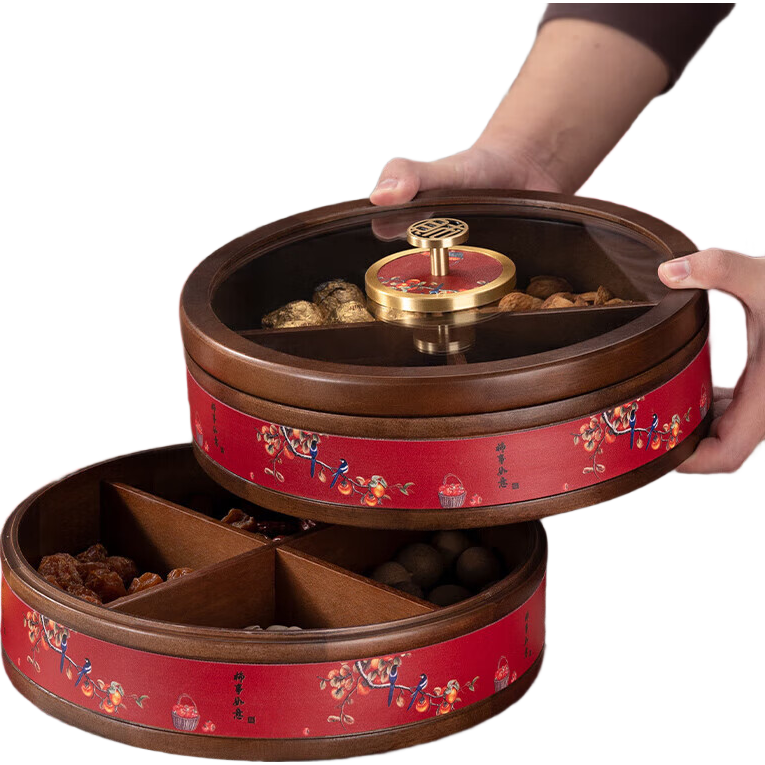 sungsa日本實(shí)木干果盤分格家用客廳干果盒輕奢高檔零食瓜子堅(jiān)果收納盒 柿柿如意干果盒 1層