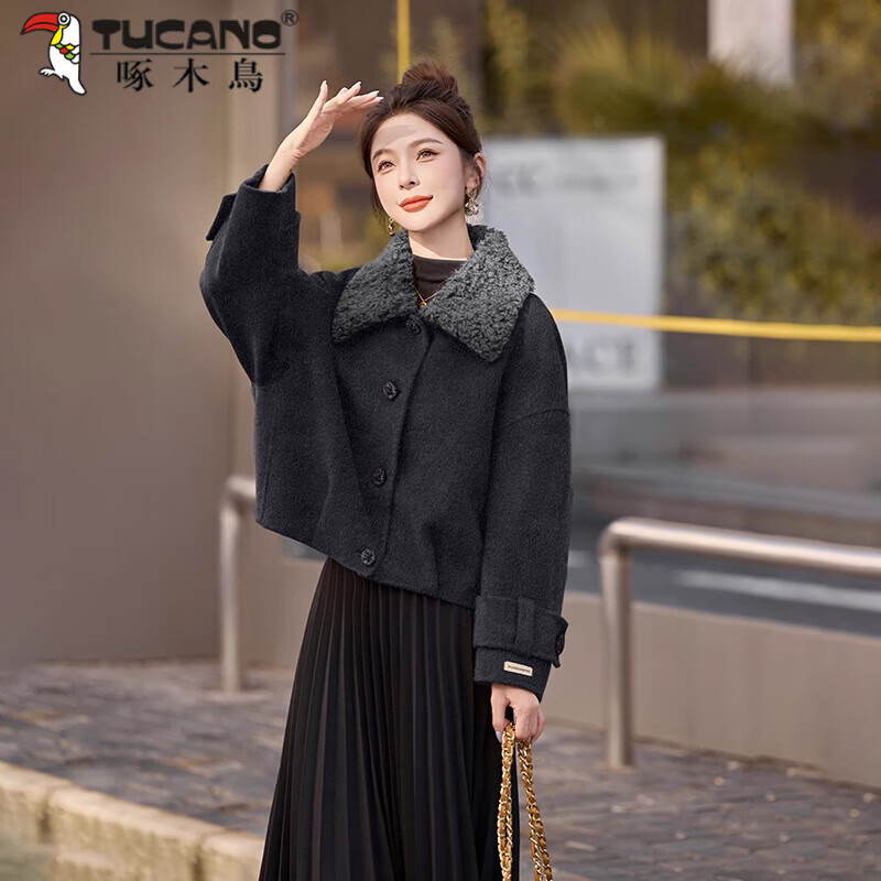 啄木鸟（TUCANO）外套秋冬女2025短款双面羊绒大衣气质流行洋气显瘦毛领羊毛呢外套 灰色 XL (建议115-125斤 高品质)