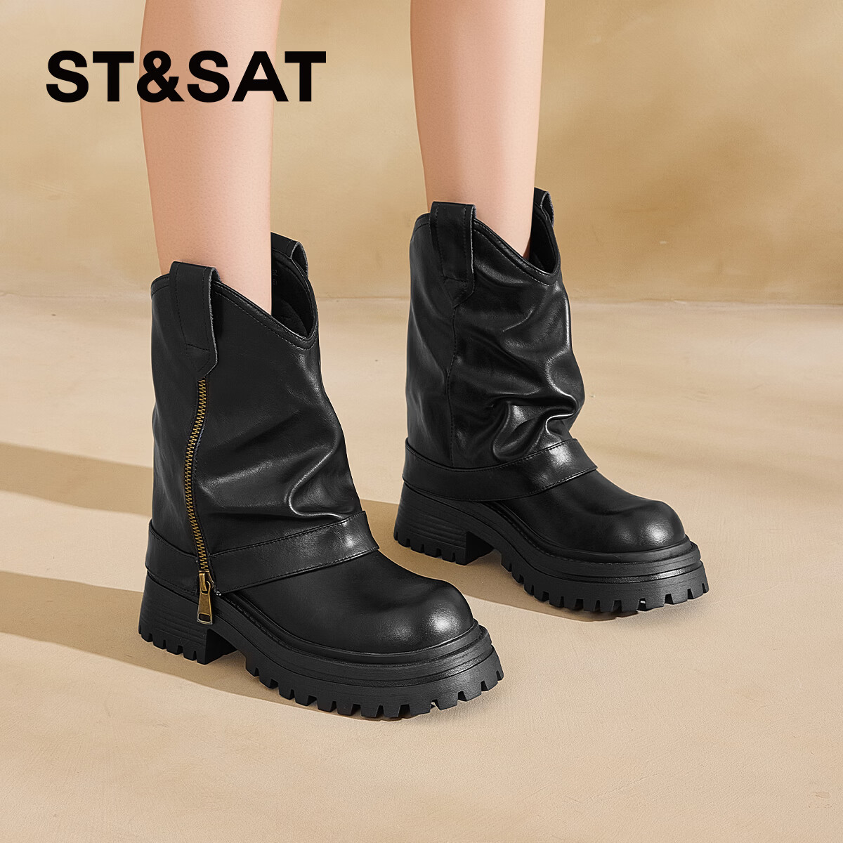 星期六厚底马丁靴女2025新款秋冬骑士西部靴子女爆款堆堆裤管短靴 黑色 【四季百搭】厚底6cm 35