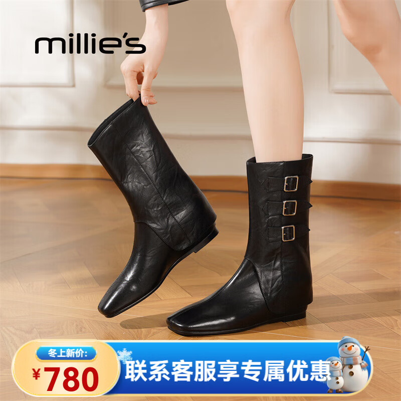 妙麗長筒靴秋冬季新款時(shí)尚百搭女靴顯瘦長靴英倫風(fēng)騎士靴子女 黑色 35