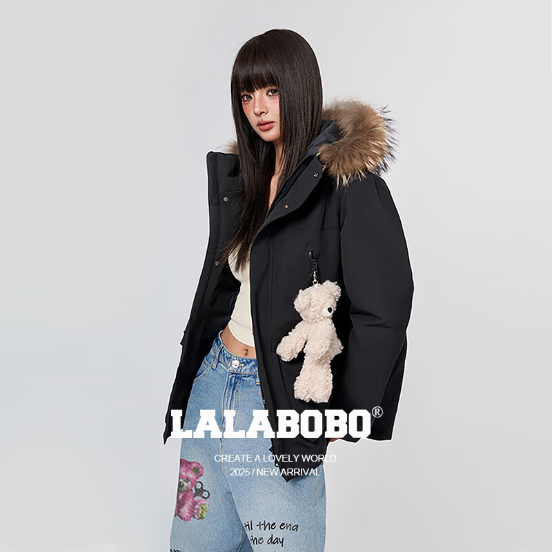 LALABOBO90鸭绒毛领工装羽绒服冬季新款保暖连帽加厚外套LBDD-WSYR17 绿色 L