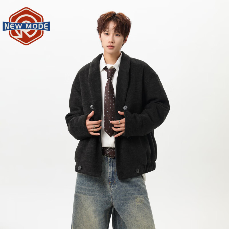 NEW OR MODE韩版毛呢大衣男士冬季新款加厚保暖宽松休闲百搭翻领棉服夹克外套 黑色 M 【建议90-110斤】