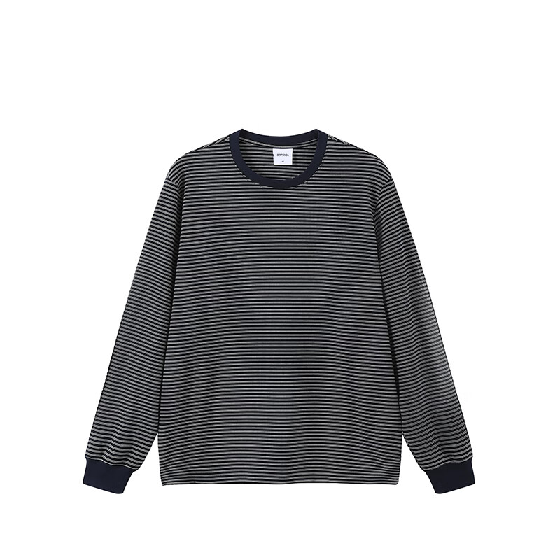 熊猫·本（ben.panda）撞色细条纹圆领长袖T恤男款高弹宽松休闲上衣2026春季 藏青条纹 S