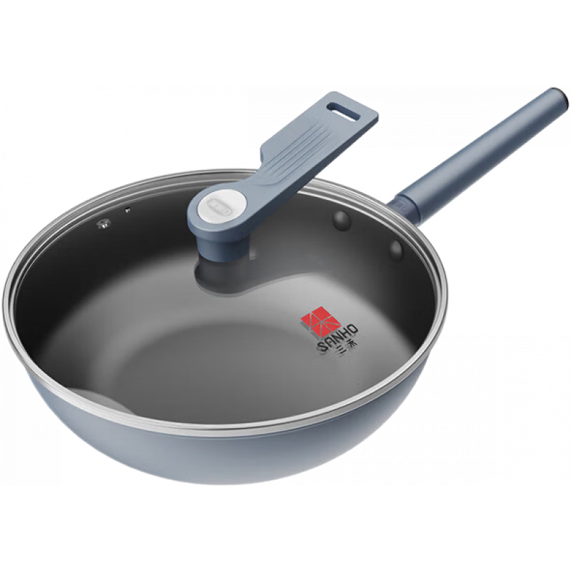 三禾國(guó)貨嚴(yán)選0涂層炒鍋無涂層無煙家用炒菜鍋可立鍋蓋不銹鋼鍋具 黛青藍(lán) 30cm