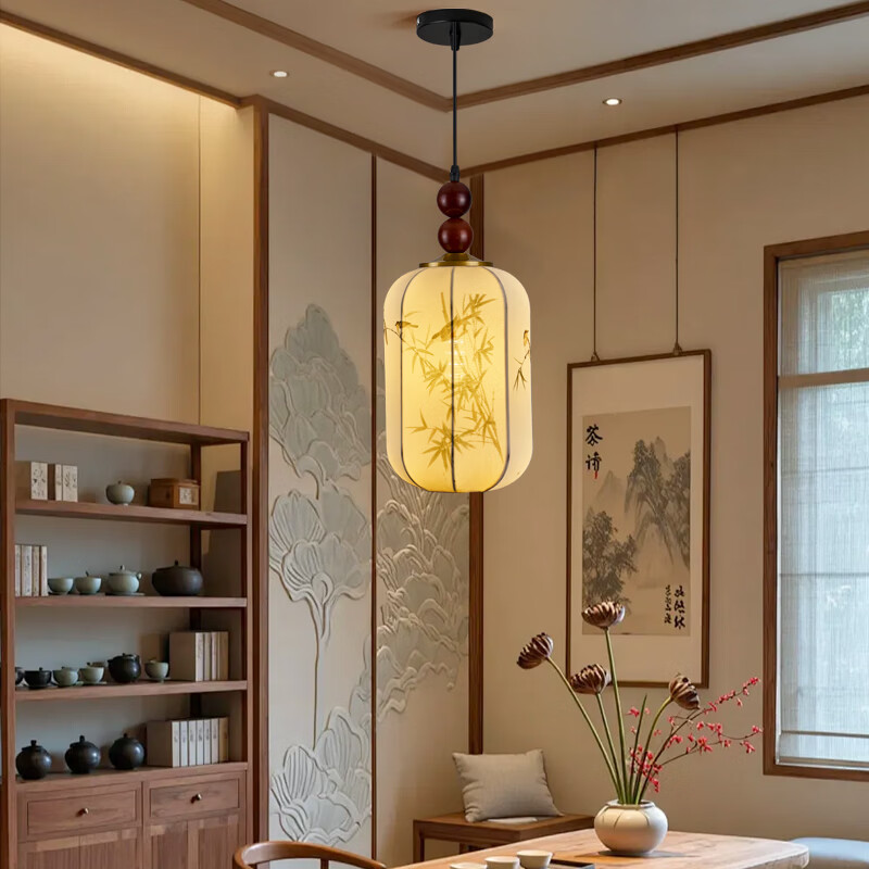 宋代美学小吊灯茶室卧室床头玄关新中式灯笼吊线灯具中山餐厅灯 竹报平安-全光谱三色变光 三珠品【长45cm】