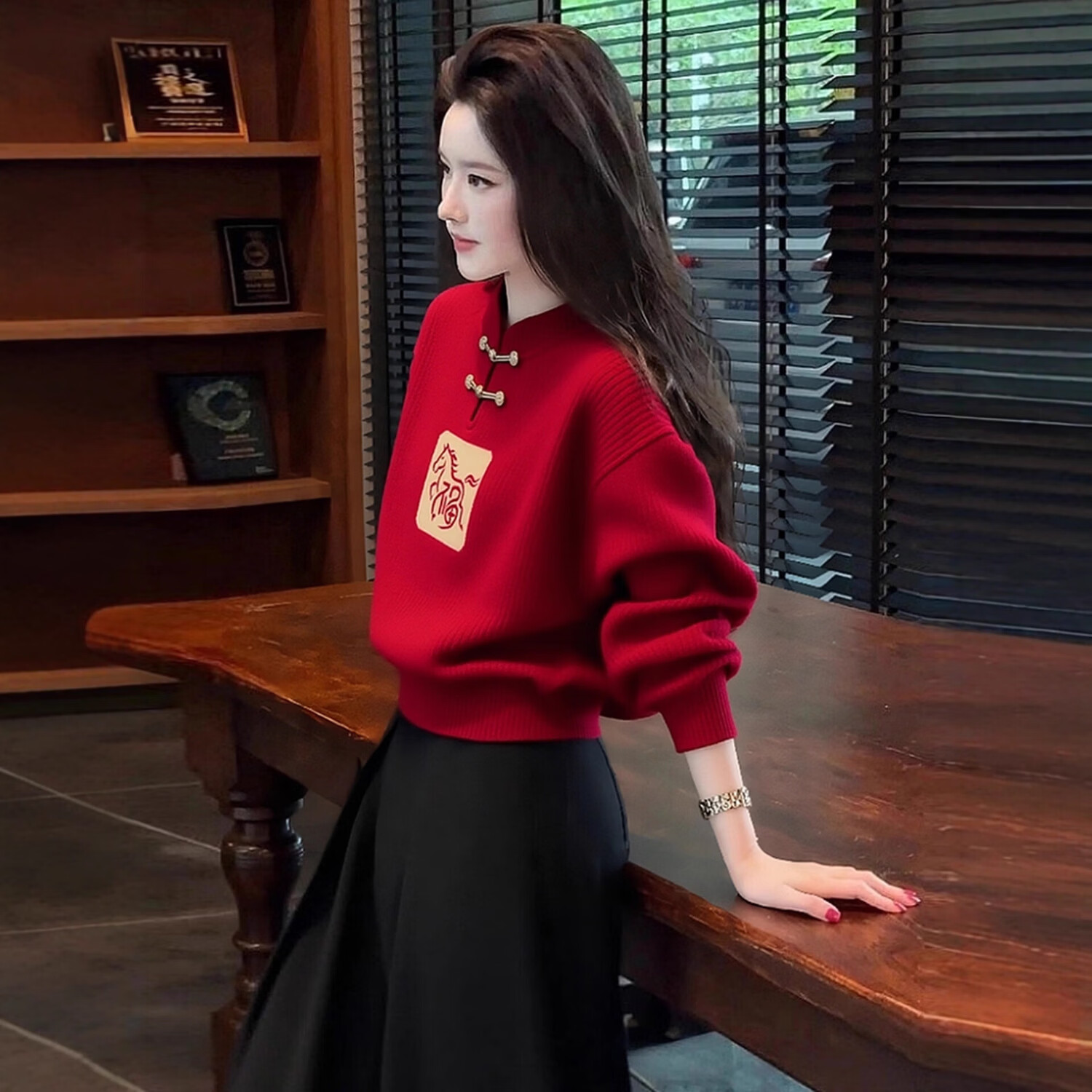 【2026新款】新中式国风盘扣白马红色针织毛衣女款冬季马年衣服 红色 L （建议105-120斤）