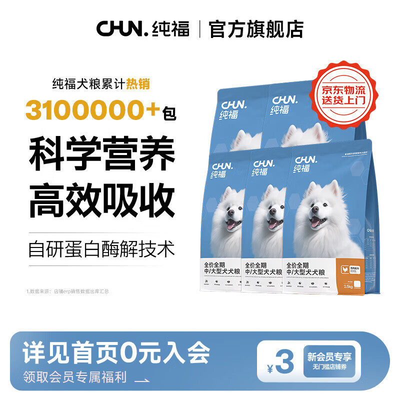 纯福通用型金毛拉布拉多边牧中型犬大型犬幼犬成犬专用酶解冻干狗粮 中大型犬粮12.5kg【5包囤货装】