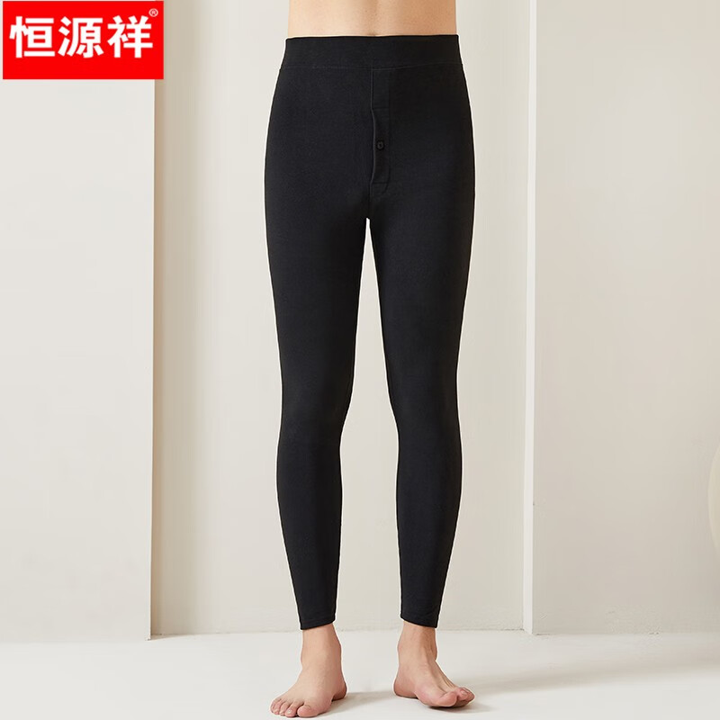 恒源祥男士加绒薄款冬季新品护膝保暖裤修身打底裤弹力高腰中老年秋裤 黑色480克 L (165) 建议(95-130斤)