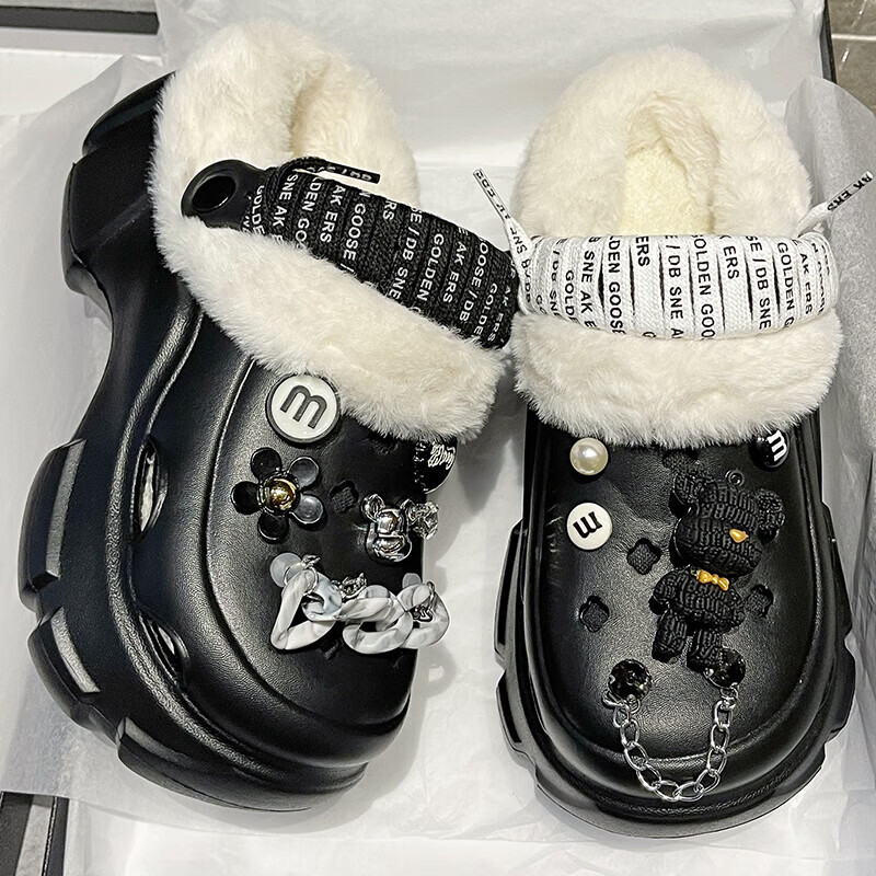 【精选】洞洞鞋女加绒外穿2024秋冬新款可拆卸厚底可爱包头保暖棉 白色【绑带】可拆卸棉套 34 -35