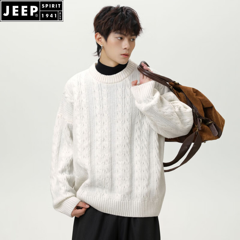 JEEP SPIRIT潮流复古绞花工艺圆领毛衣男秋冬新款重磅加厚纯色套头针织衫外套 白色 M