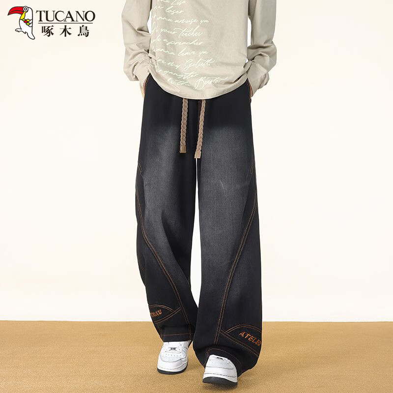 啄木鸟阔腿弯刀牛仔裤男款秋冬季加绒美式直筒休闲长裤加肥加大码裤子男 黑色 L