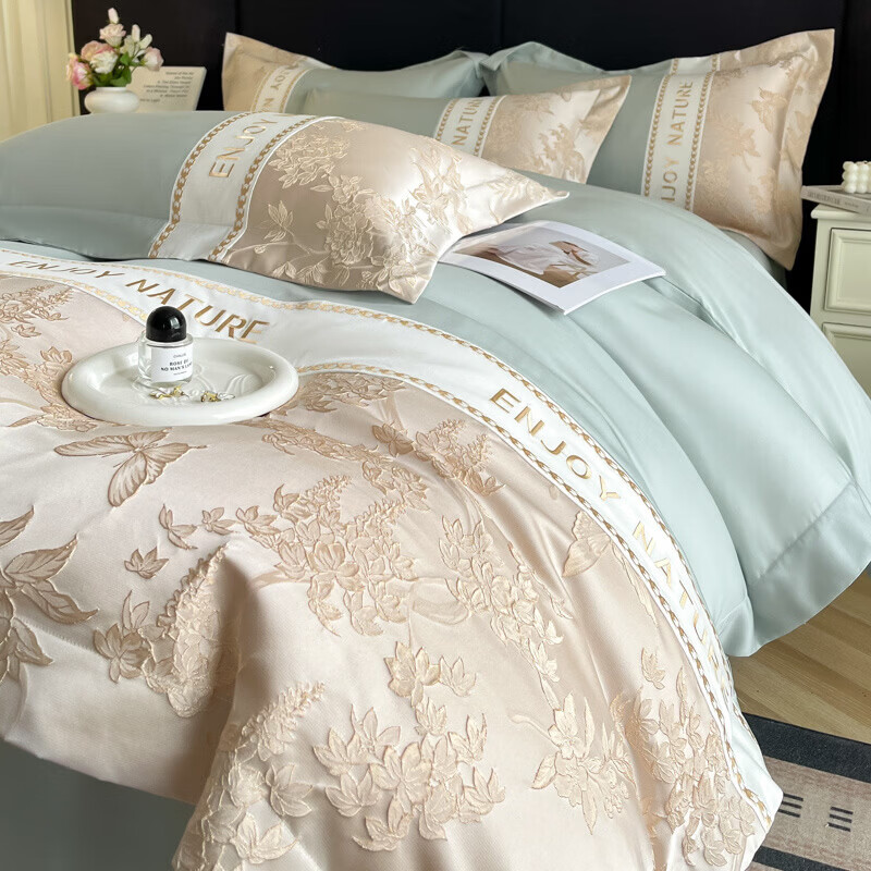 水星家纺四件套长绒棉纯棉亲肤棉浮雕刺绣被套床单床笠款床上用品 盛世年华-繁星蓝 床单款 1.8四件套-被套200x230