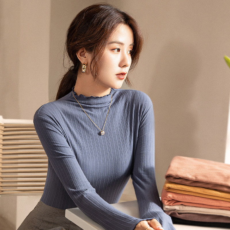 都市丽人半高领修身针织内搭长袖打底衫女洋气木耳边百搭上衣秋冬季 浅棕色 均码