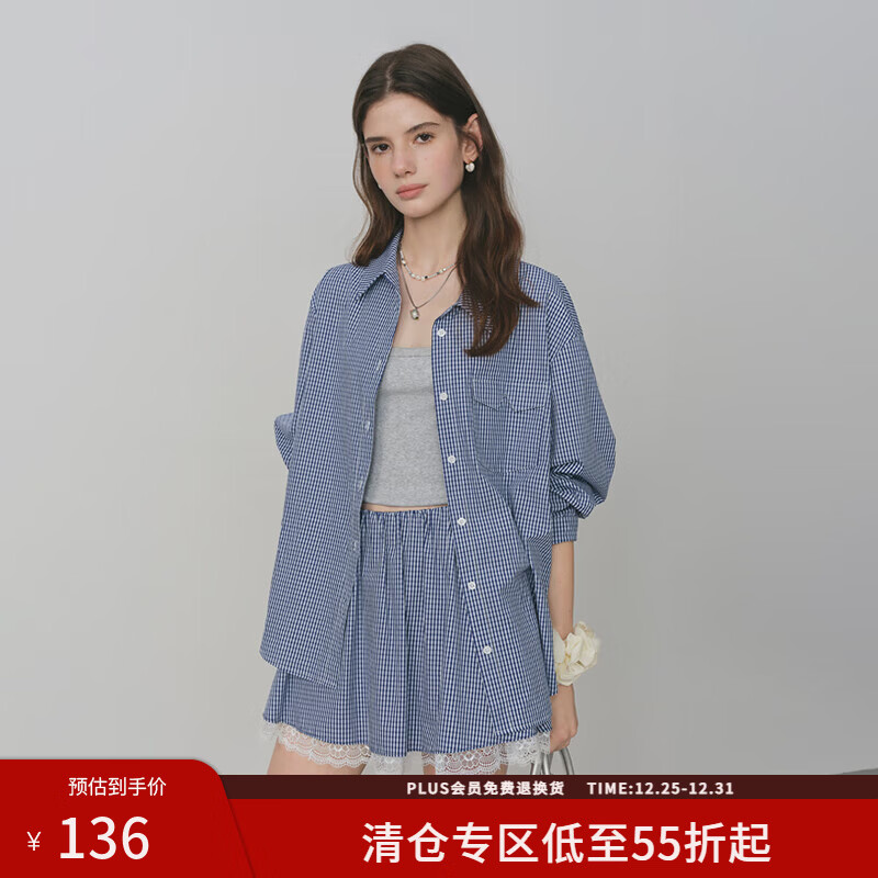 范思蓝恩miu系格纹衬衫半身裙套装女2025秋新款长袖外套蕾丝3234 深蓝格子（上衣） XS