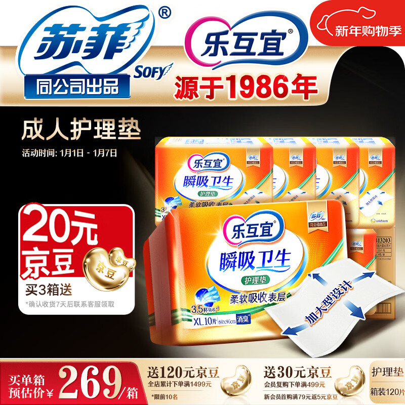 乐互宜瞬吸卫生成人护理垫XL120片(尺寸60*90cm)一次性老人隔尿垫卧床