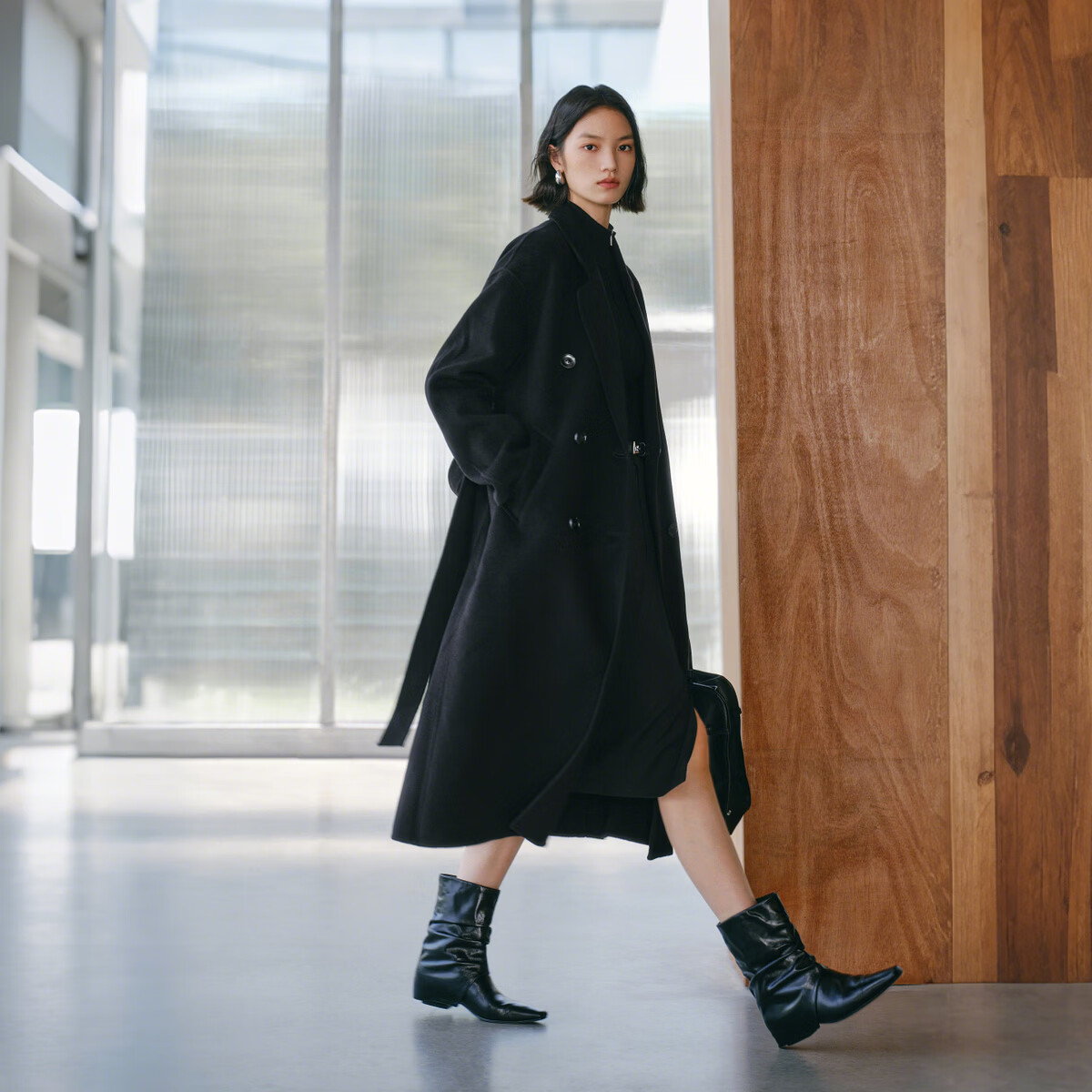 太平鸟大师甄绒甄毛系列新中式优雅双面呢大衣冬季毛呢外套合集 经典双面呢大衣黑色 常规 M