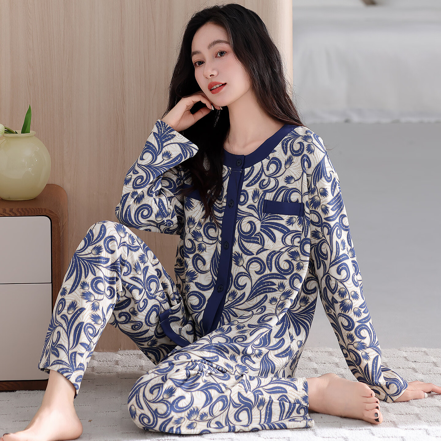 莫代尔睡衣女士春秋季新款柔软亲肤长袖长裤宽松大码薄款开衫家居服套装 M5602 L 90-110斤