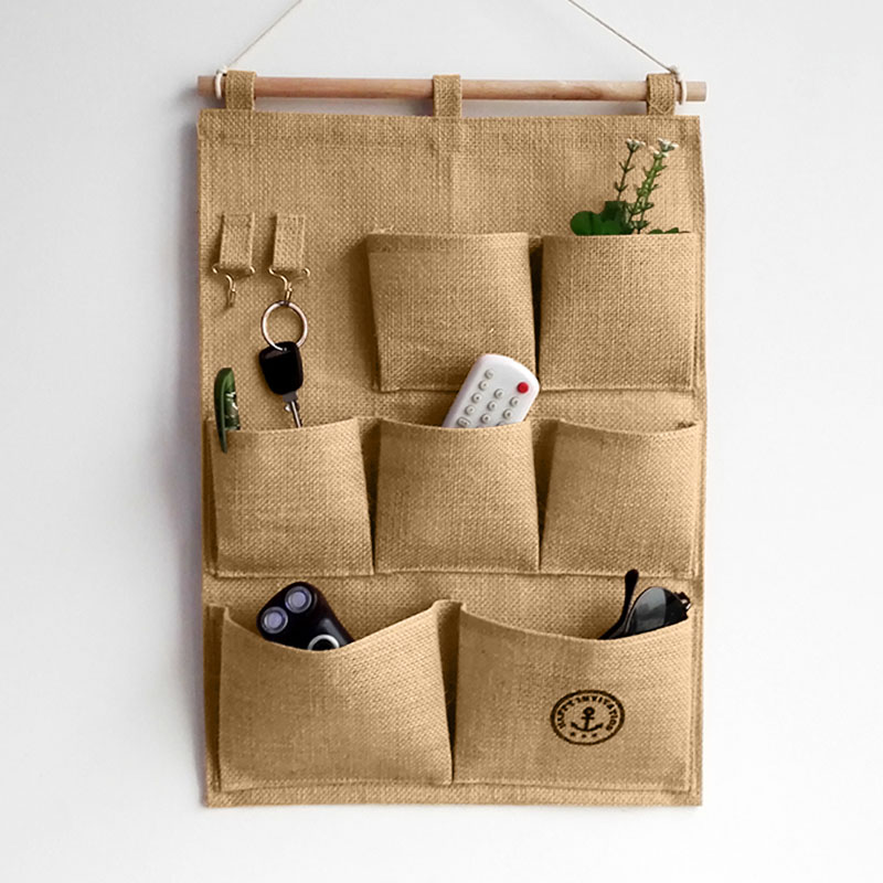 布艺多层储物袋黄麻怀旧复古收纳袋宿舍门后床头衣柜壁挂式整理袋 黄麻邮章三兜