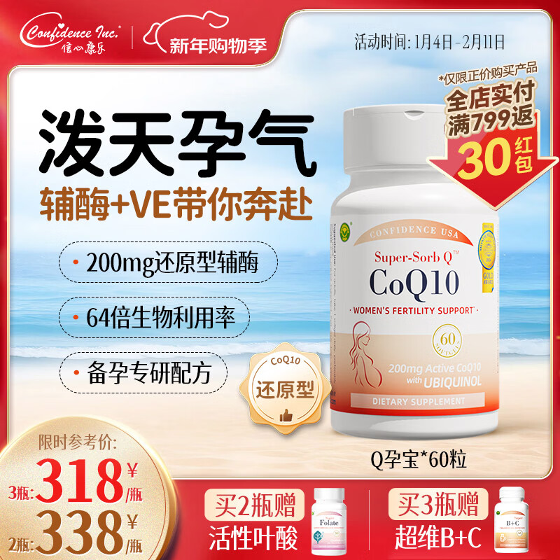 Confidence USA信心康乐辅酶Q10泛醇备孕还原型胶囊200mg美国进口coq10改善卵子 高端奢护备孕辅酶【孕宝】