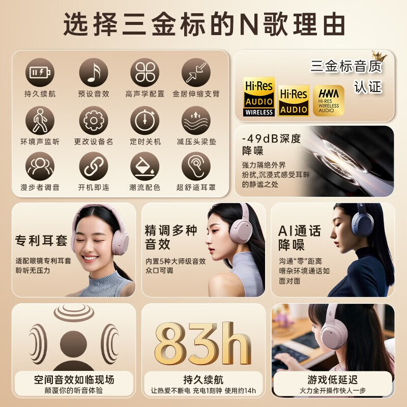 漫步者W820NB【金标版】头戴式-49深度降噪蓝牙耳机包无线83小时长续航游戏网课LDAC解码耳麦耳塞耳机 【三金标版+晒图再返20】沙丘白