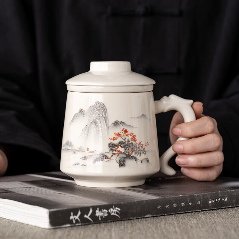 韵化茶杯茶水分离陶瓷个人专用马克水杯高档办公杯公司活动商务伴手礼 草木灰【鱼跃】龙把办公杯三件套