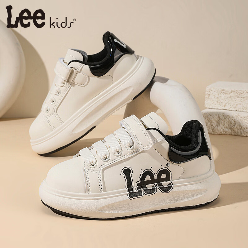 Lee童鞋春季新款儿童休闲运动鞋百搭跑步鞋女童小白板鞋男大童 米黑 32 【建议脚长192mm】
