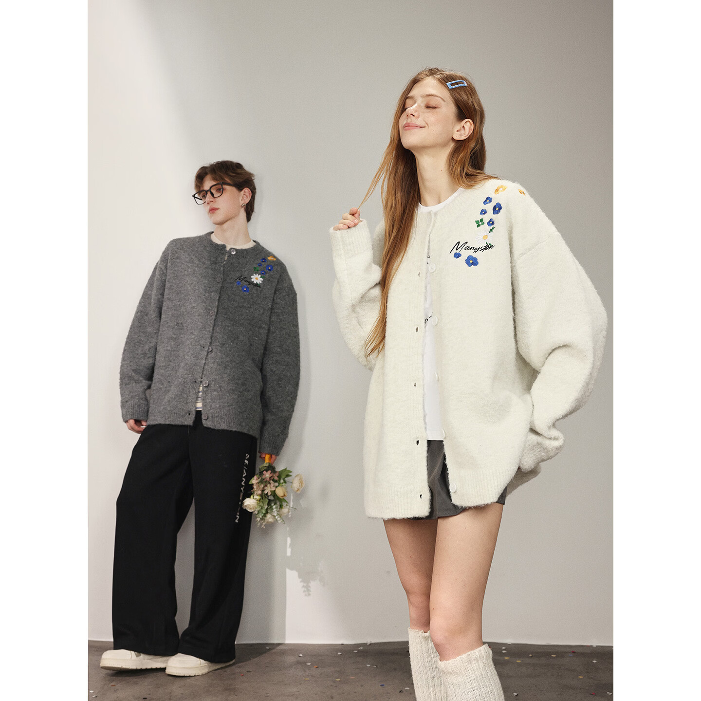 MANYSTON美式针织开衫毛衣男款春秋季潮牌宽松情侣装休闲长袖外套 杏色 S