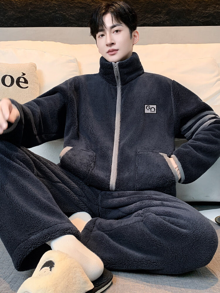 雅鹿睡衣冬季男珊瑚绒家居服男士高端加厚加绒睡衣男士冬季新款套装 NSJLY-KS47夜暮灰青果领胸口标男 2XL 男(150-170斤)