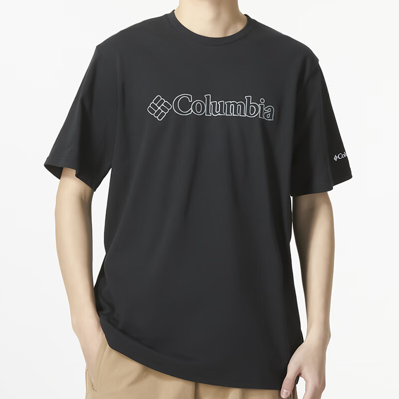 哥伦比亚（Columbia）字母印花圆领透气户外运动宽松休闲短袖T恤男款黑色 黑色 S