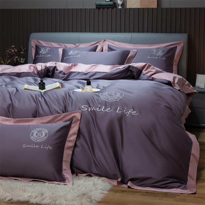 水星系列家纺A类长绒棉纯棉四件套100%全棉轻奢高级感裸睡床单被套床上用品笠 月光紫+豆沙红 240支 A类长绒棉 1.8M 床单款 （被套200*230cm）