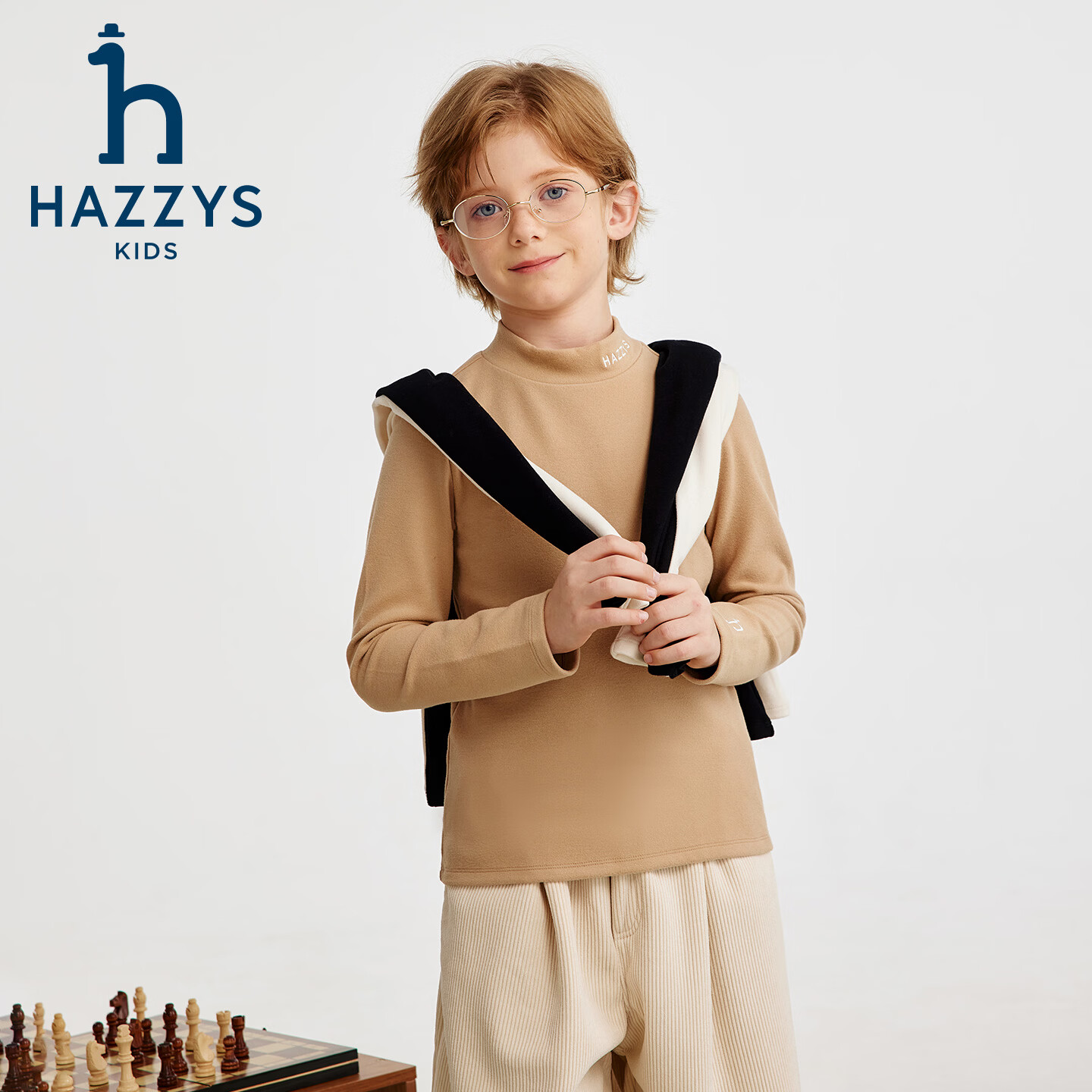 哈吉斯（HAZZYS）童装男女童打底衫2025秋新品针织双面欧绒上衣 钻石黑 130