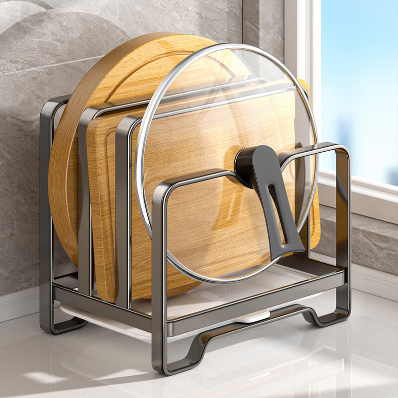 馨婺家不锈钢锅盖架菜板架多功能厨房置物架台面砧板切菜板收纳沥水架子 枪灰色-单层【不锈钢款】