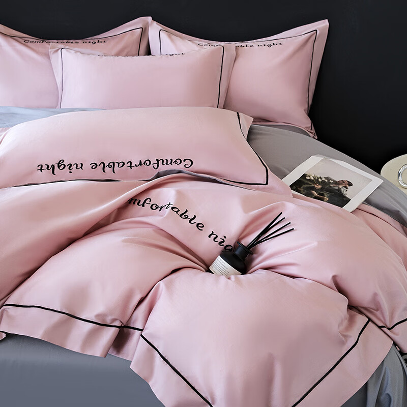 水星家纺床上四件套纯棉高端轻奢A类被套罩长绒棉贡缎床单床笠款床品 奶茶+浅灰 1.8m 床笠款 被套加大四件套 【被套220x240cm】