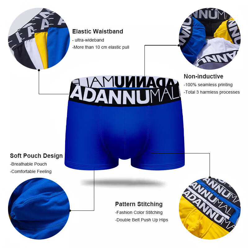 阿丹奴(ADANNU)男士平角内裤男四角裤运动健身透气修身提臀底裤棉质青年短裤衩 蓝色 2XL