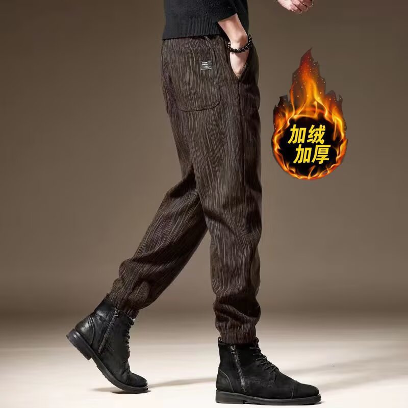 裤子男秋冬款纹理感长裤子男百搭印花宽松束脚哈伦男士休闲裤长裤 咖色【加绒】 3XL 【建议150-165】