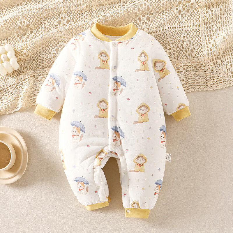 婴幼儿150克夹棉连体衣秋冬季保暖男女宝宝加厚哈衣爬服外出冬装 雨伞小猫【150克夹棉连体衣】 59cm 59码 适合身高52-59cm